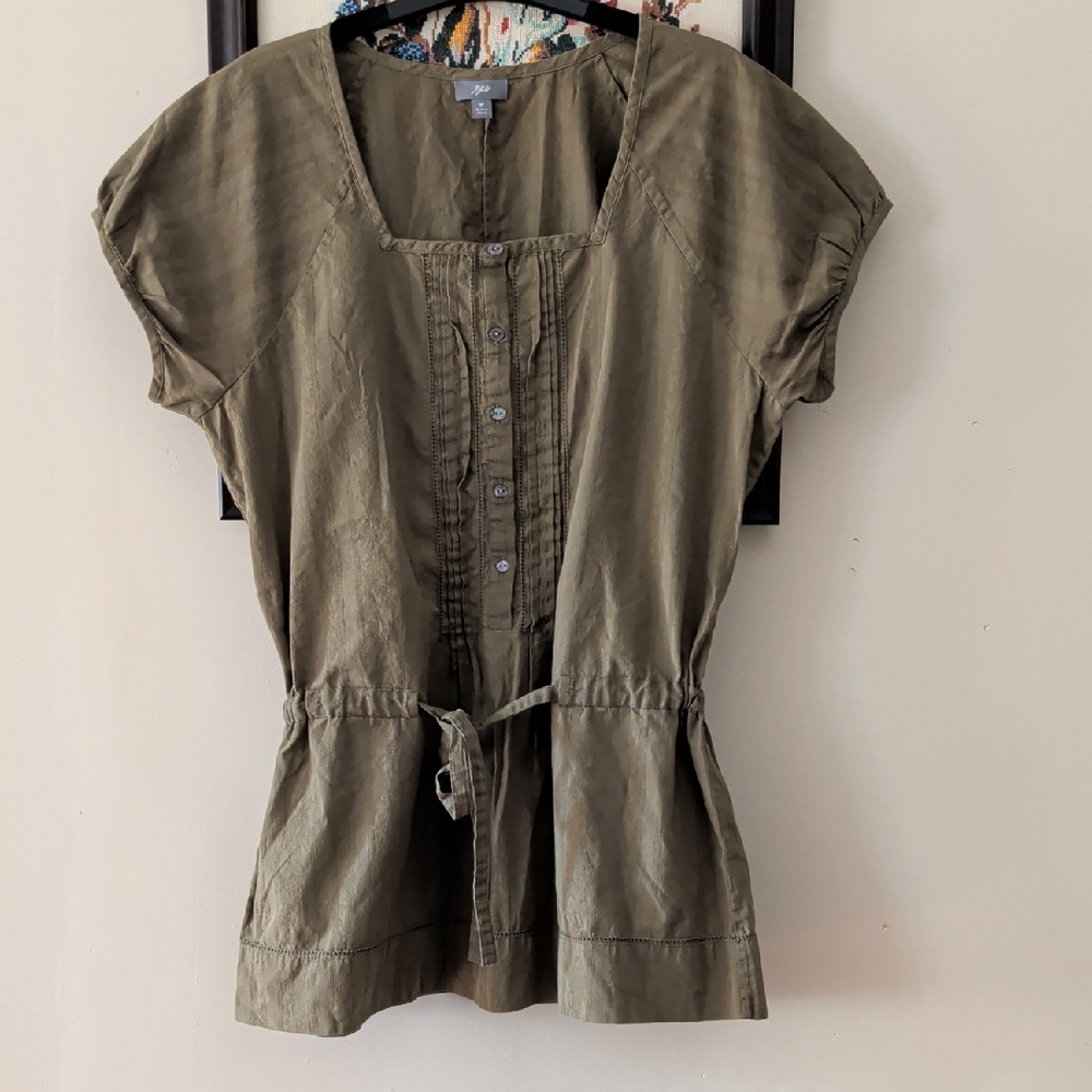 Olive Button-Front Drawstring Peplum Blouse